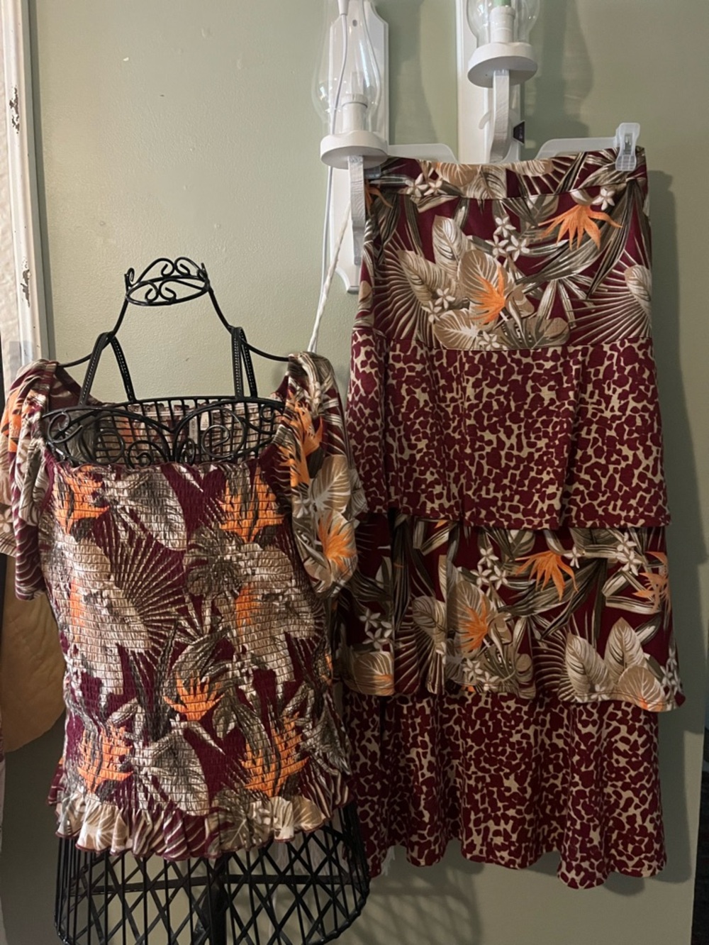 Cato Burgundy and Orange Tropical Print Set